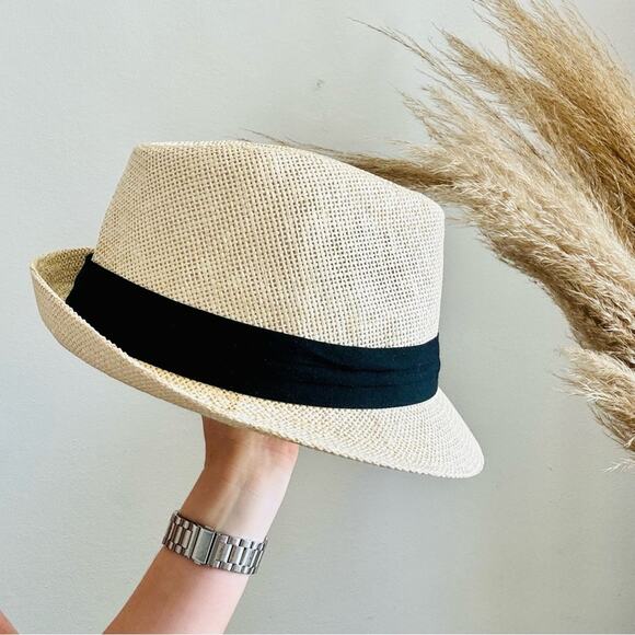 VINTAGE NORDSTROM Cream Tan Straw Wide Visor Brim Black Ribbon Fedora Sun Hat - Picture 2 of 8